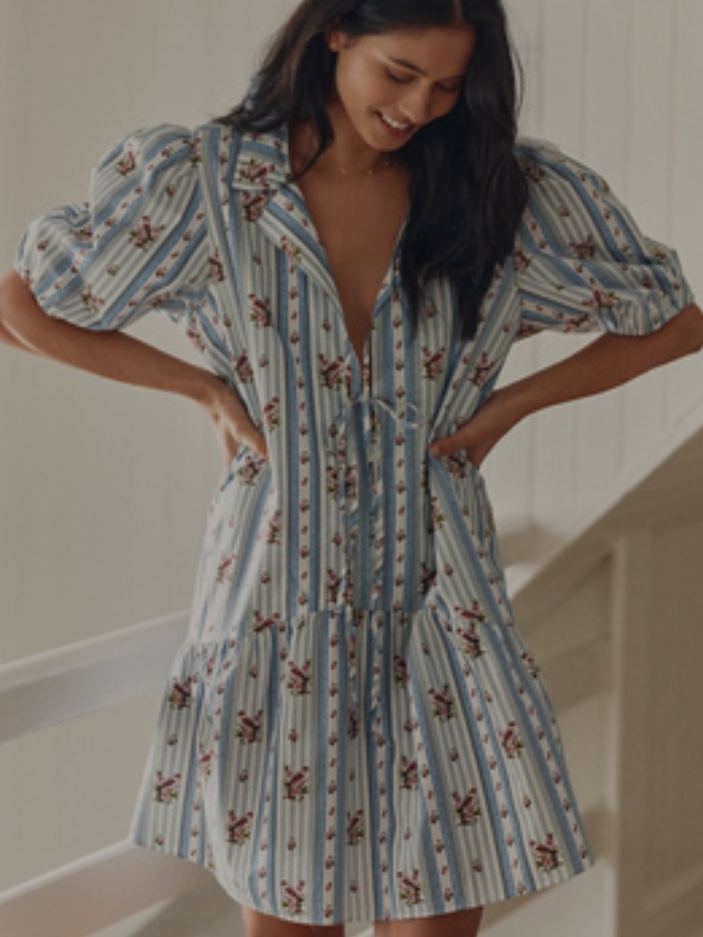Anthropologie Blue Striped Floral Tie-Front Mini Dress